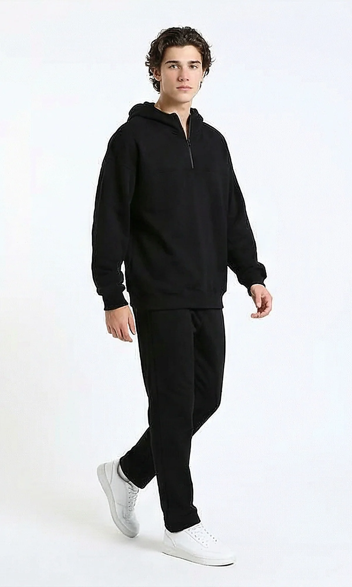 R215920 - Zipped Hooded Neck Solid Hoodie - Black - Image 3