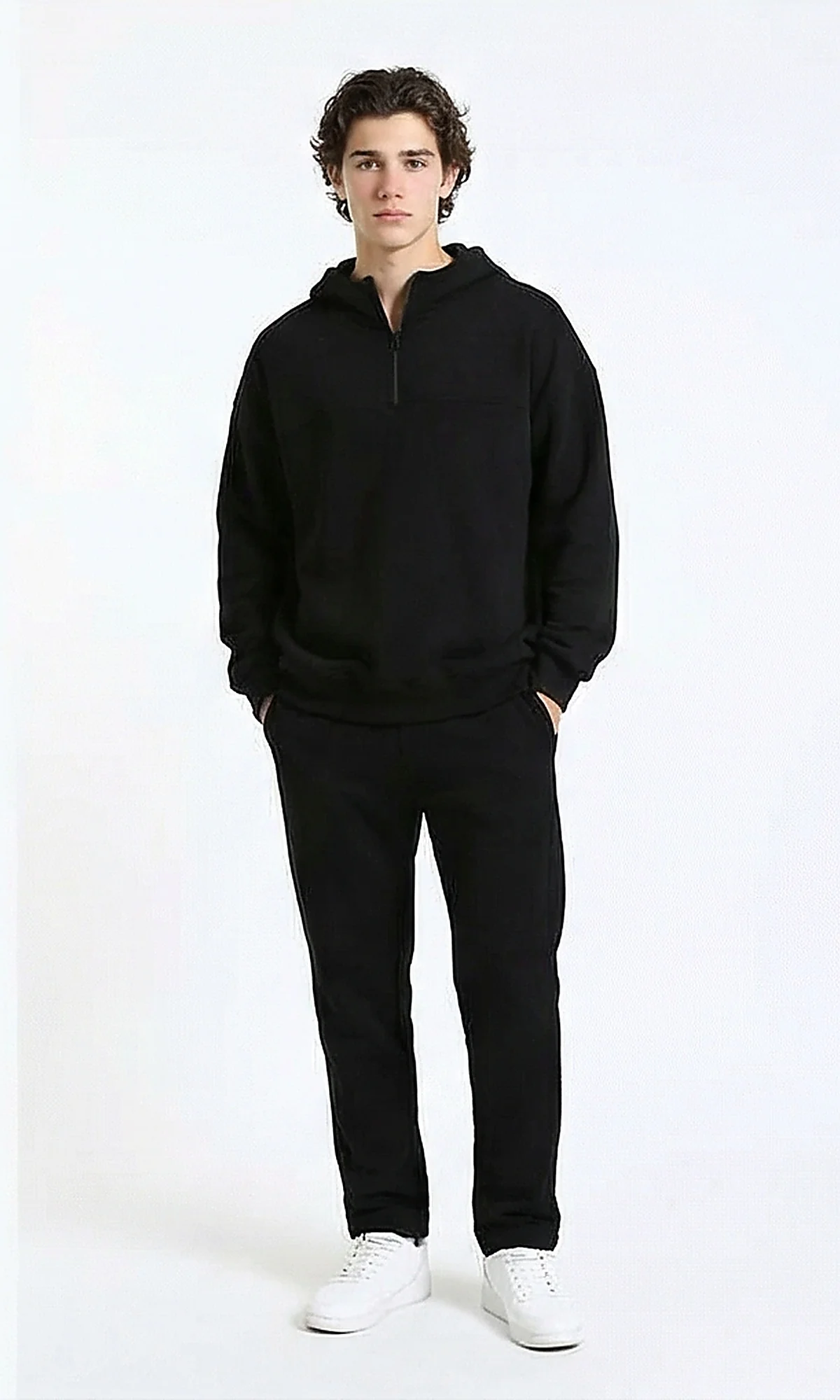 R215920 - Zipped Hooded Neck Solid Hoodie - Black - Image 4