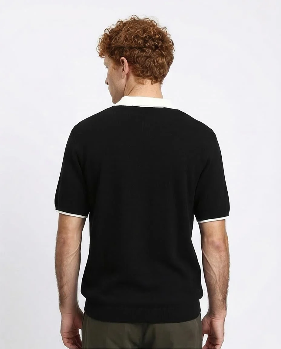 R213028 - Zipped Polo Shirt with Classic Collar - Black - Image 2