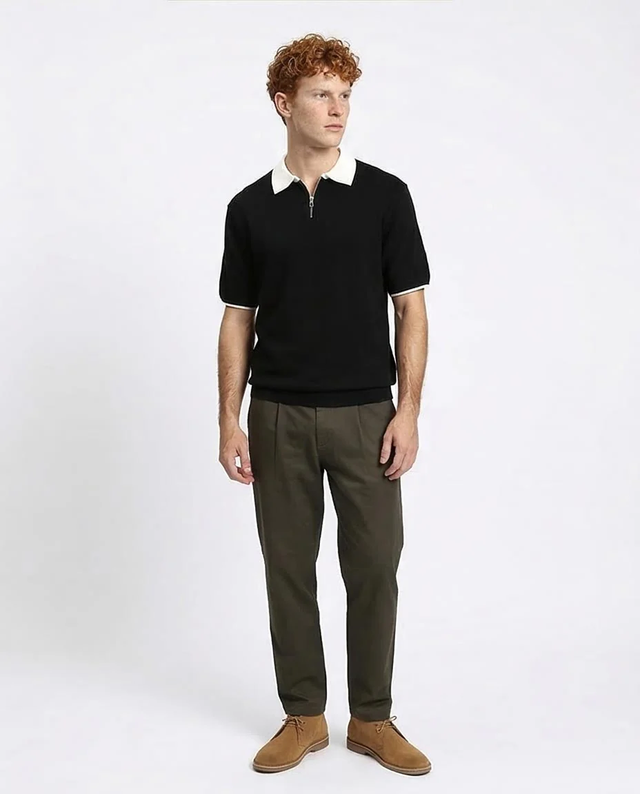 R213028 - Zipped Polo Shirt with Classic Collar - Black - Image 3