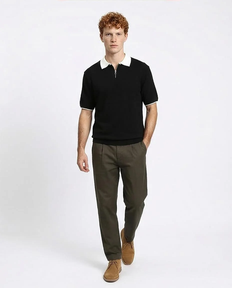 R213028 - Zipped Polo Shirt with Classic Collar - Black - Image 5