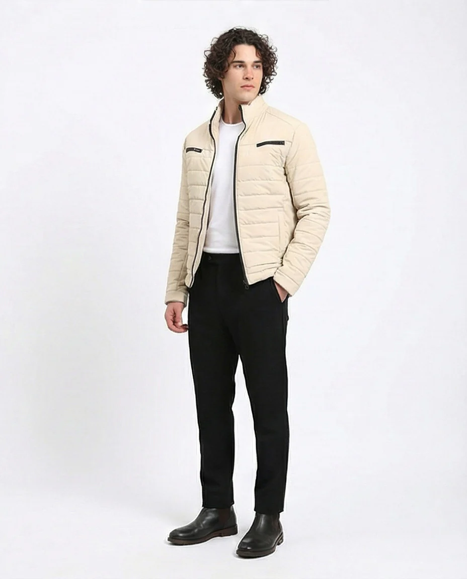 R211180 - Zipped Quilted Jacket with Pockets - Light Beige - Image 4